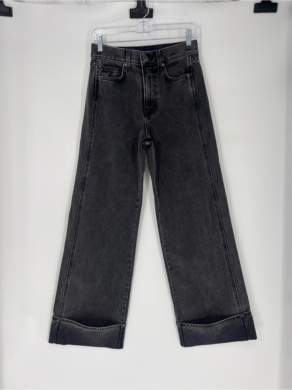 Veronica Beard Taylor Washed Black Wide-Leg Cuffed Designer Classic Denim Jeans